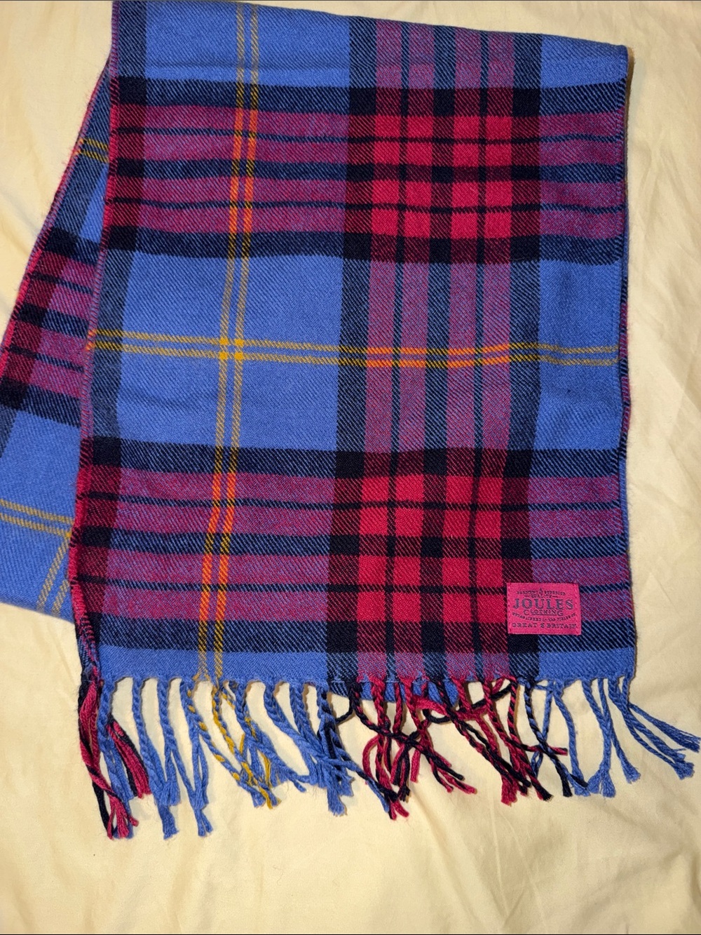Joules Blue, Red & Yellow Tartan Scarf with Fringe